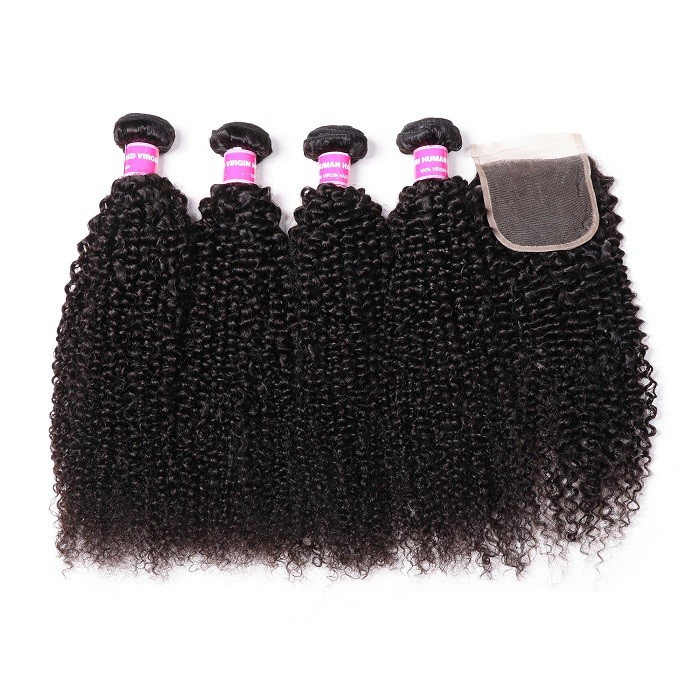 Kriyya Indian Kinky Curly 4 Bundles With 4x4 Lace Closure Sew In