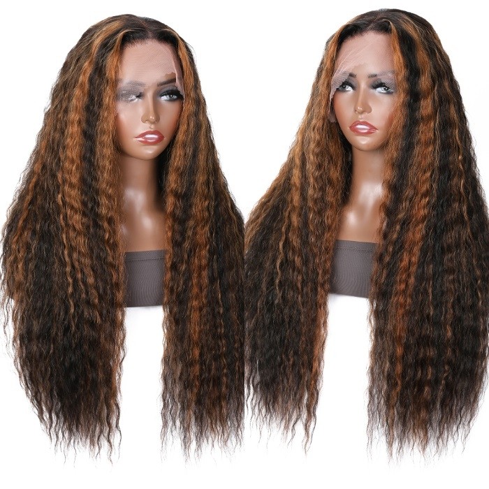 Kriyya Beach Wave Human Hair Wigs Pre-Plucked Brown Highlight 13×4 Lace Front Wigs 150% Density