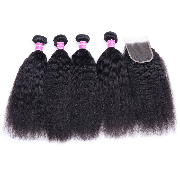 Kriyya Brazilian Kinky Straight Hair 4 Bundle Deals With Closure 4x4 Inch