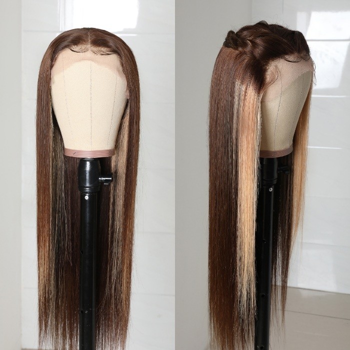 Kriyya Straight Virgin Hair 13x4 Lace Front Wigs Chocolate Brown Highlight Wigs 4/27 150% Density