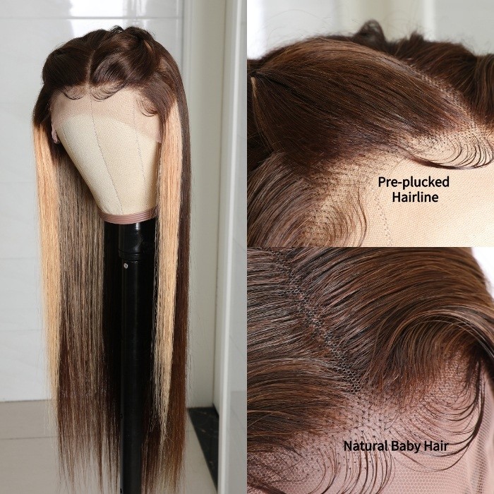 Kriyya Straight Virgin Hair 13x4 Lace Front Wigs Chocolate Brown Highlight Wigs 4/27 150% Density