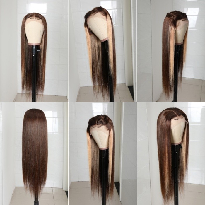 Kriyya Straight Virgin Hair 13x4 Lace Front Wigs Chocolate Brown Highlight Wigs 4/27 150% Density