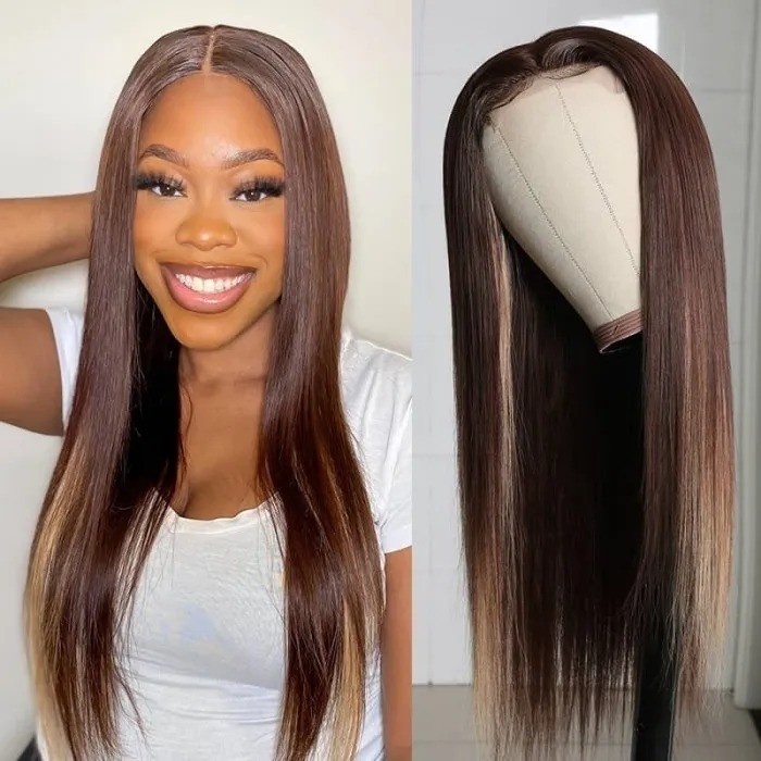 Kriyya Straight Virgin Hair 13x4 Lace Front Wigs Chocolate Brown Highlight Wigs 4/27 150% Density