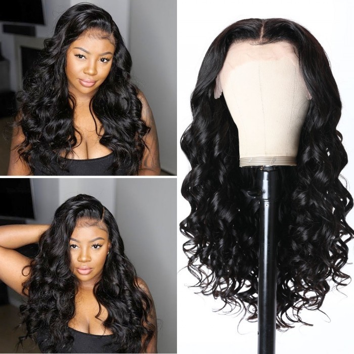 Kriyya Loose Wave 13x4 Lace Front Wigs With Baby Hair 100% Human Hair Natural Black Wig