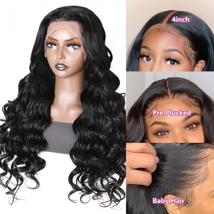 Kriyya Loose Wave 13x4 Lace Front Wigs With Baby Hair 100% Human Hair Natural Black Wig