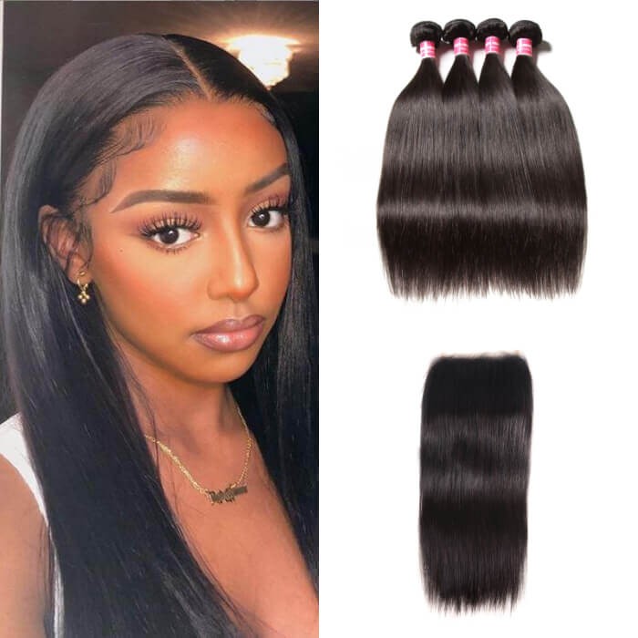 Kriyya Indian Straight 5X5 Transparent Lace Closure Sew In With 4 Bundles Remy Human Hair 