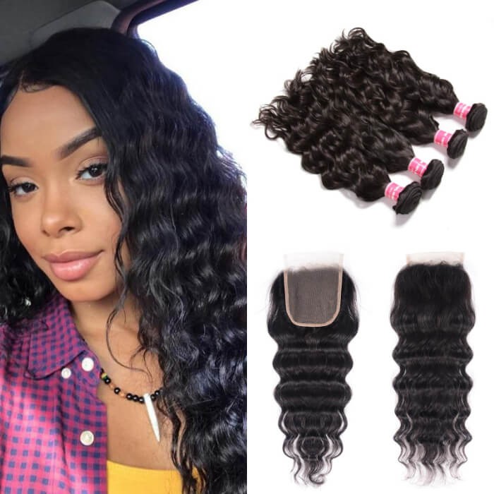 Kriyya Brazilian Hair Natural Wave Weave 4 Bundles With 4x4 Lace Front Closure
