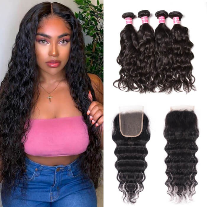 Kriyya Indian Hair Natural Wave Weave 4 Bundles With 4x4 Lace Front Closure
