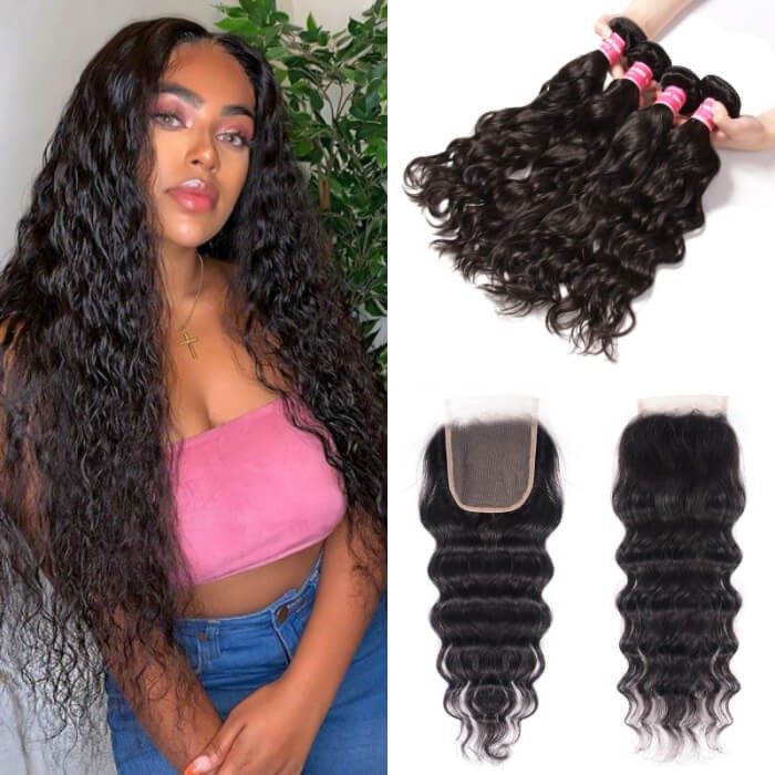 Kriyya 4x4 Lace Front Closure With Peruvian Natural Wave Sew In Weave 4 Bundles