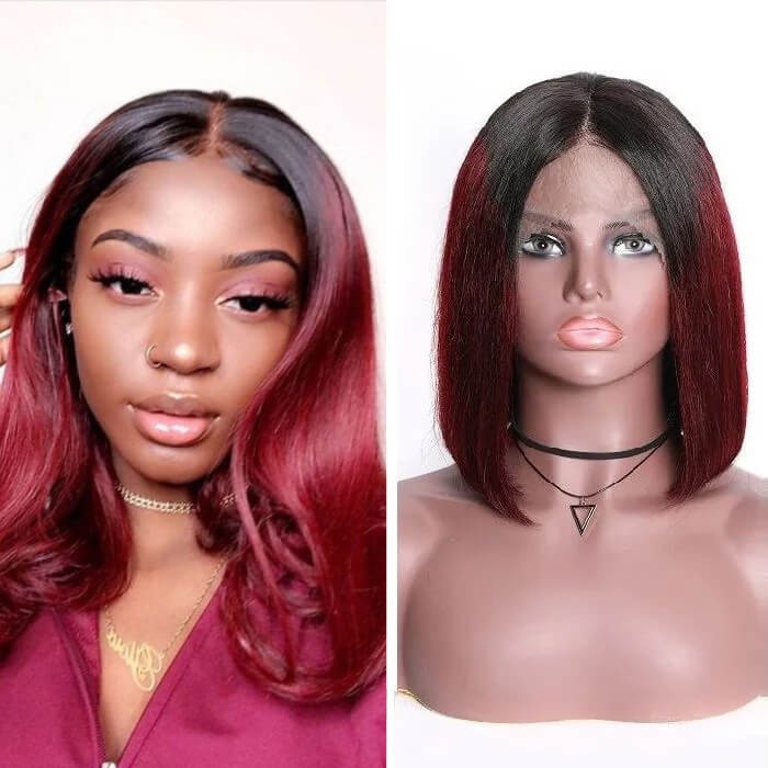 Kriyya Ombre 99J 13x4 Bob Wig Burgundy Lace Front Wig Straight Human Hair Wigs 150% Density