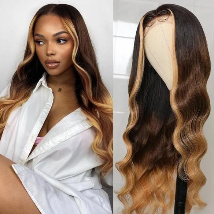Kriyya Ombre BrownColor Highlights Loose Wave 4x4 Natural Hairline Lace  Part Wig 150% Density #TL1B/4/27 Color 14-24 inch 
