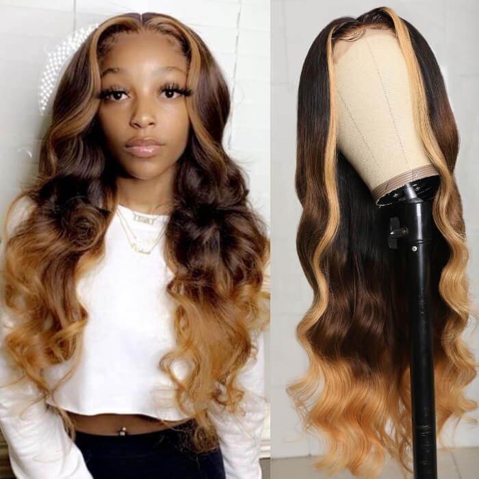 Kriyya Ombre Brown Color T Part Lace Wig with Face Framing Highlight Loose Wave Human Hair 150% Density