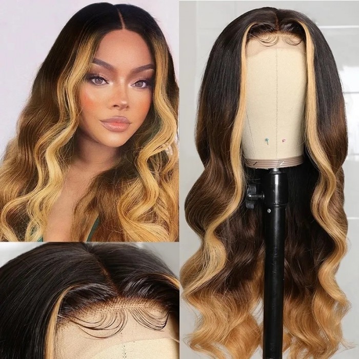 Kriyya Ombre Brown Color T Part Lace Wig with Face Framing Highlight Loose Wave Human Hair 150% Density