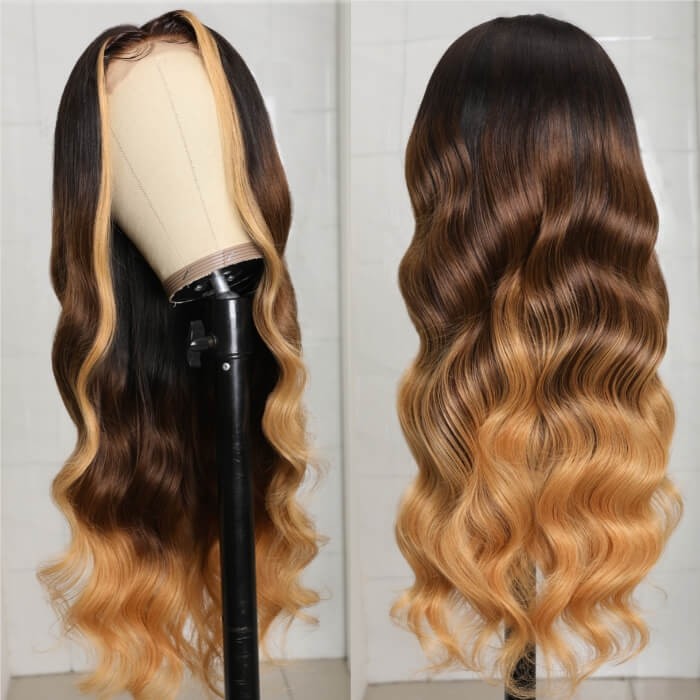 Kriyya Ombre Brown Color T Part Lace Wig with Face Framing Highlight Loose Wave Human Hair 150% Density