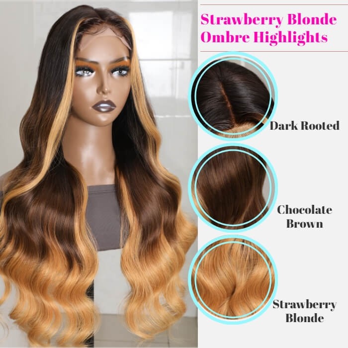 Kriyya Ombre Brown Color T Part Lace Wig with Face Framing Highlight Loose Wave Human Hair 150% Density