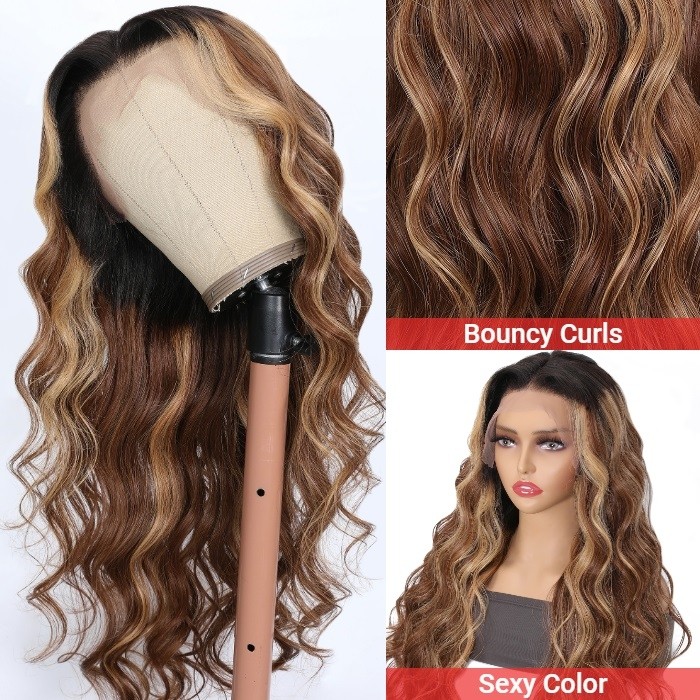Kriyya 13X4 Ombre Brown Blonde Highlight Human Hair Lace Front Wig Loose Wave Wig 150% Density
