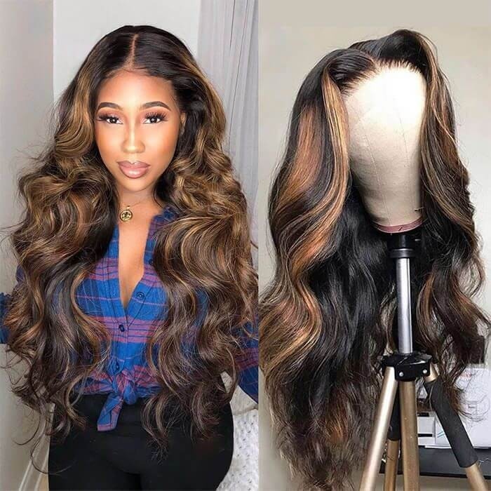 Kriyya Bronde Highlight Virgin Hair T Part Lace Wig Balayage Body Wave Lace Wigs