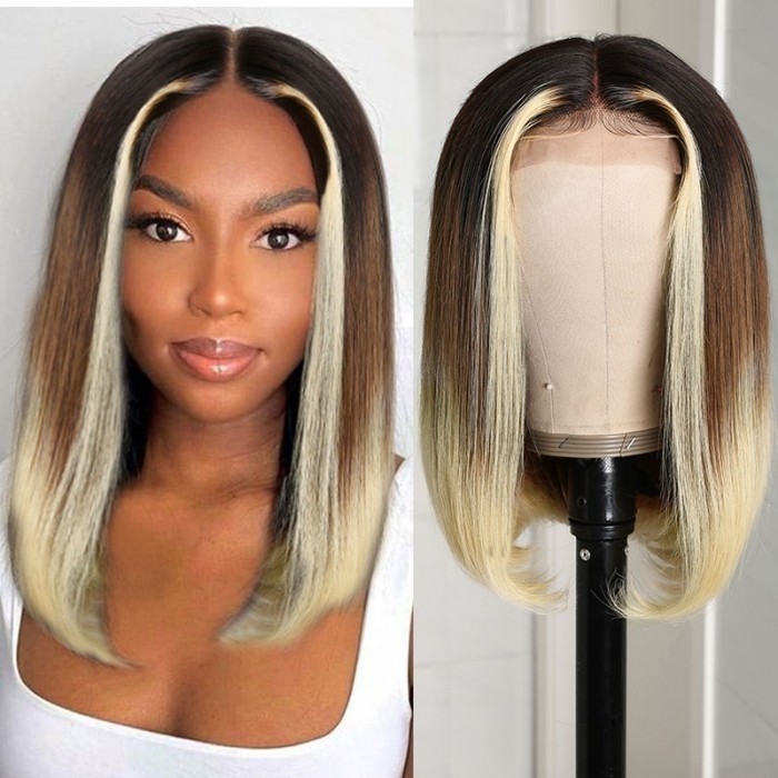 Kriyya Ombre Colored Bob Wigs with Face Freaming Streaks Lace Part Highlight Human Hair Wig With Dark Root 150% Density