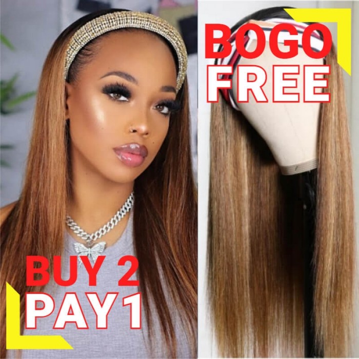 BOGO Sale - Kriyya Ombre Headband Wigs Straight Human Hair Wig Dark Rooted Honey Blonde Wigs