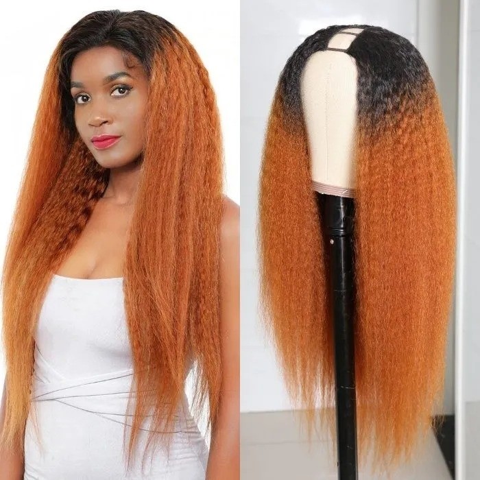 Kriyya U Part Wig Human Hair Kinky Straight T30 Ombre Brown Glueless Wigs U Shape Wigs