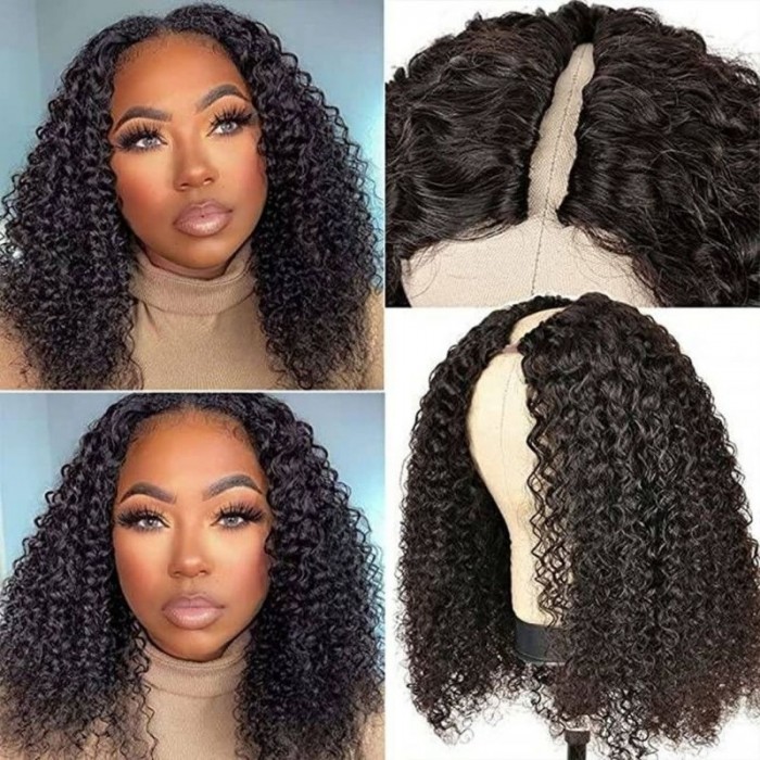 Kriyya No Leave Out V Part Glueless Jerry Curly Bob Real Scalp Human Hair Wig