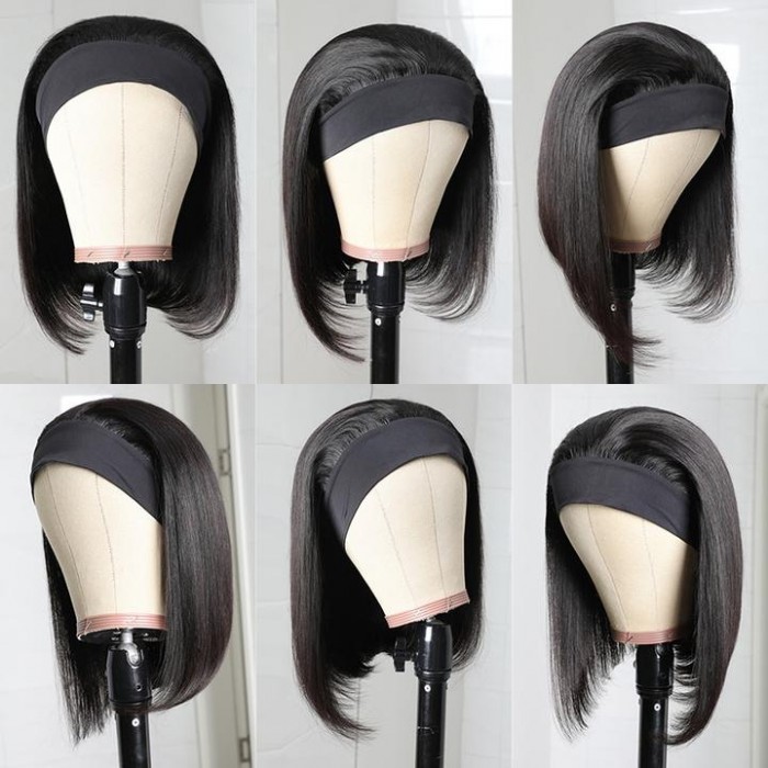 Kriyya Short Straight BOB Headband Wig Glueless Human Hair Wig Natural Black 150% Density