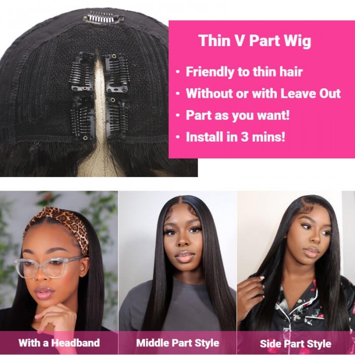 Kriyya Silky Straight V-Part Capless Wig Easy For Beginners No Cut Needed No Gluing Required