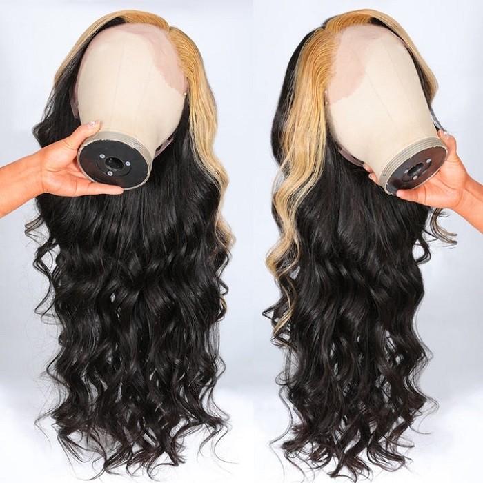 Kriyya Honey Blonde Skunk Stripe Highlight Loose Wave 13X4 Lace Front Wig 150% Density