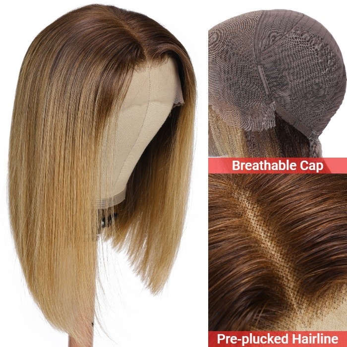 Kriyya Golden Blonde Short Straight Bob Wig With Dark Roots Human Hair 13×4 Lace Front Wigs With Baby Hair 150% Density