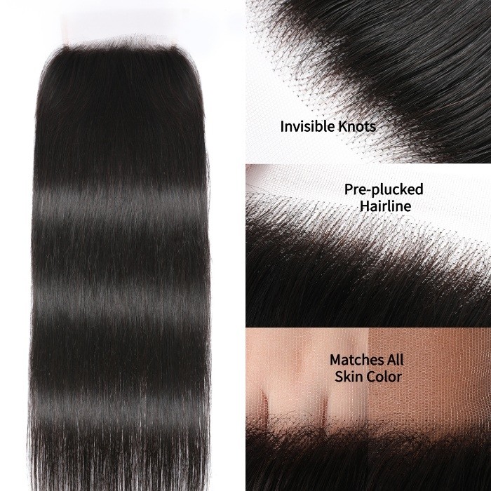 Kriyya Brazilian Straight Hair Weave 3 Bundles With 5x5 HD Transparent Lace Closure