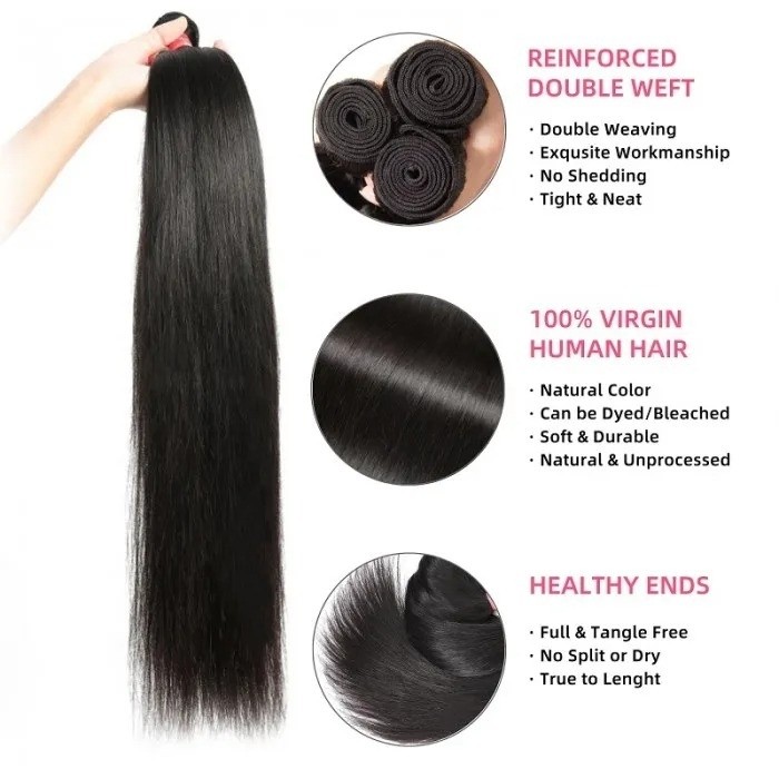 Kriyya Brazilian Straight Hair Weave 3 Bundles With 5x5 HD Transparent Lace Closure