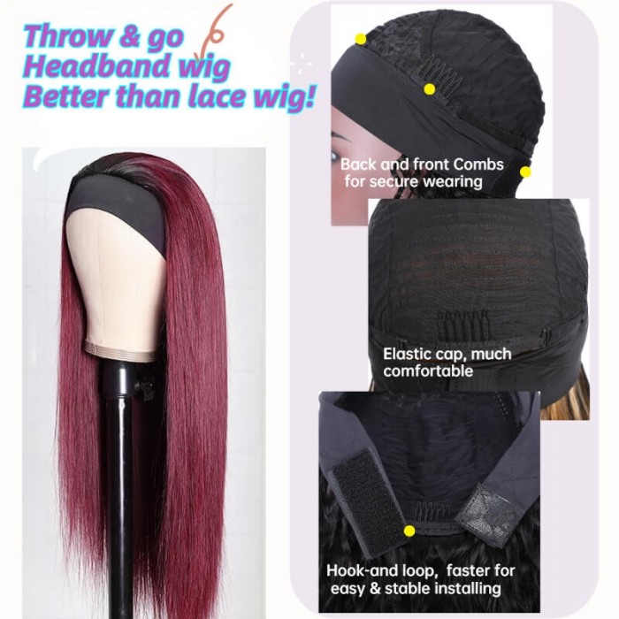 Kriyya 99J Headband Wig with Natual Black Root Straight Human Hair Wigs Sale