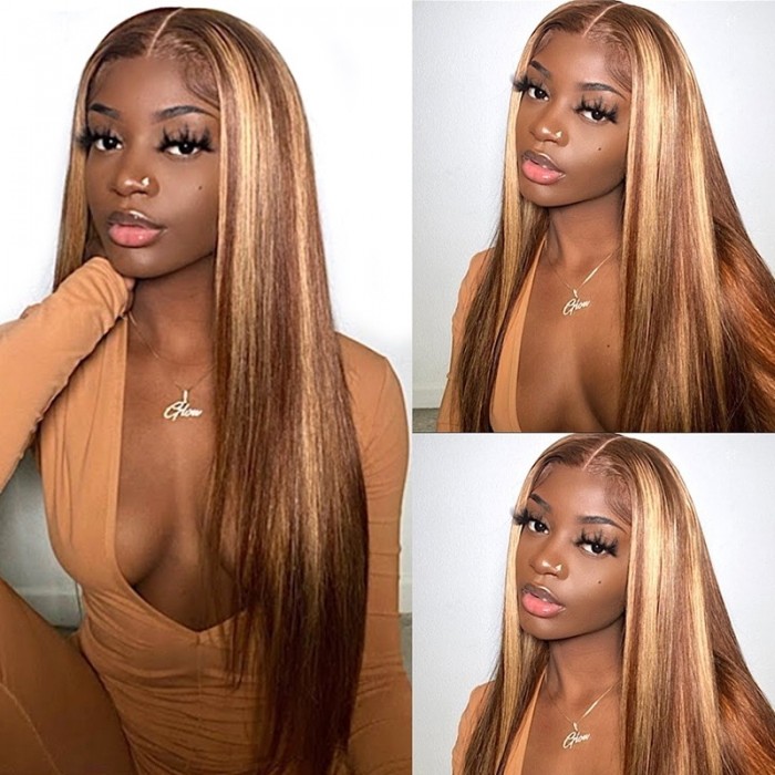 Kriyya Straight Lace Part Wig Honey Blond Highlight Wigs 4 Inch Lace Wig 150% Density