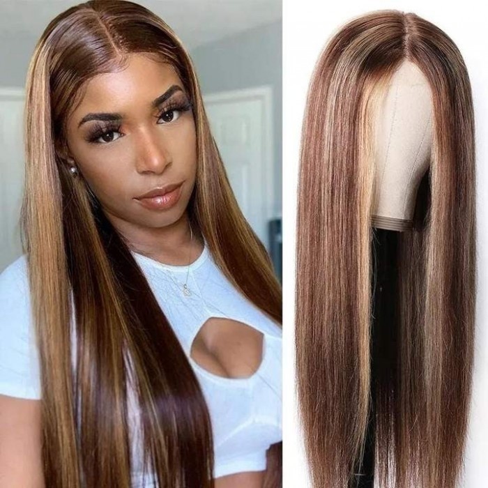 18 Inch Straight Lace Part Wig Honey Blond Highlight Wigs 4 Inch Lace Wig 150% Density