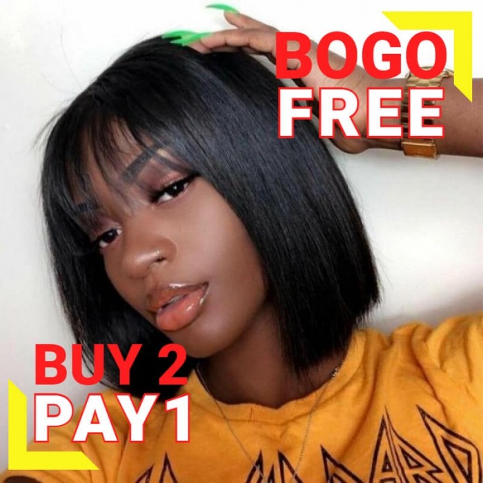 Kriyya Straight Short Bob Lace Front Wig With Bangs 150% Density 13x4 Pre Plucked Human Hair Wig
