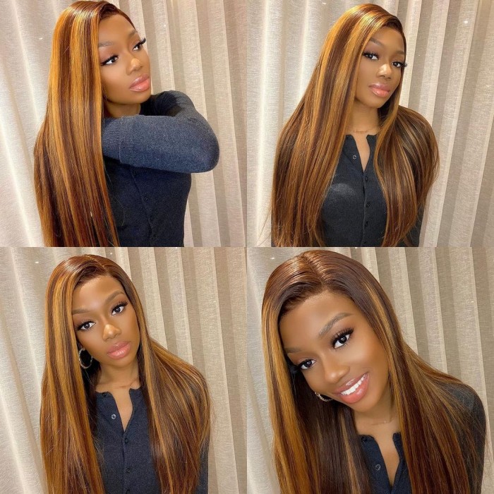 Kriyya Honey Blonde Highlight Ombre Straight Human Hair Wig Piano Colored 13x5 T Part Lace Front Wigs