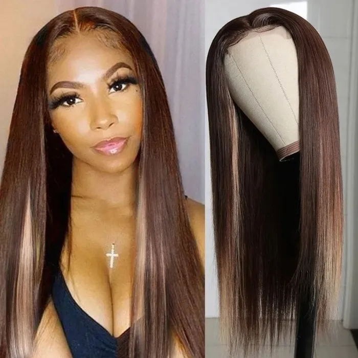 Kriyya Straight Virgin Hair 13x4 Lace Front Wigs Chocolate Brown Highlight Wigs 4/27 150% Density
