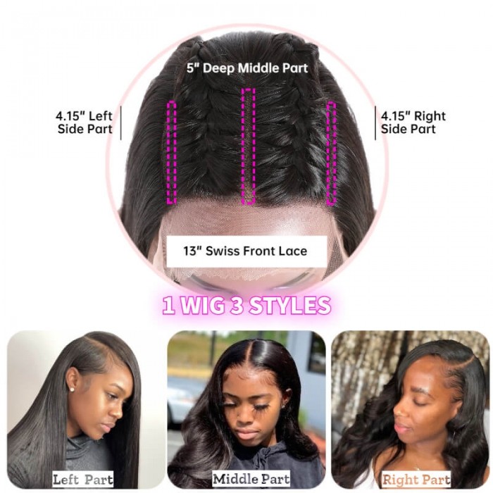 Kriyya Body Wave Three Part Lace Wigs Double U Lace Part Wig Unprocessed Virgin Hair