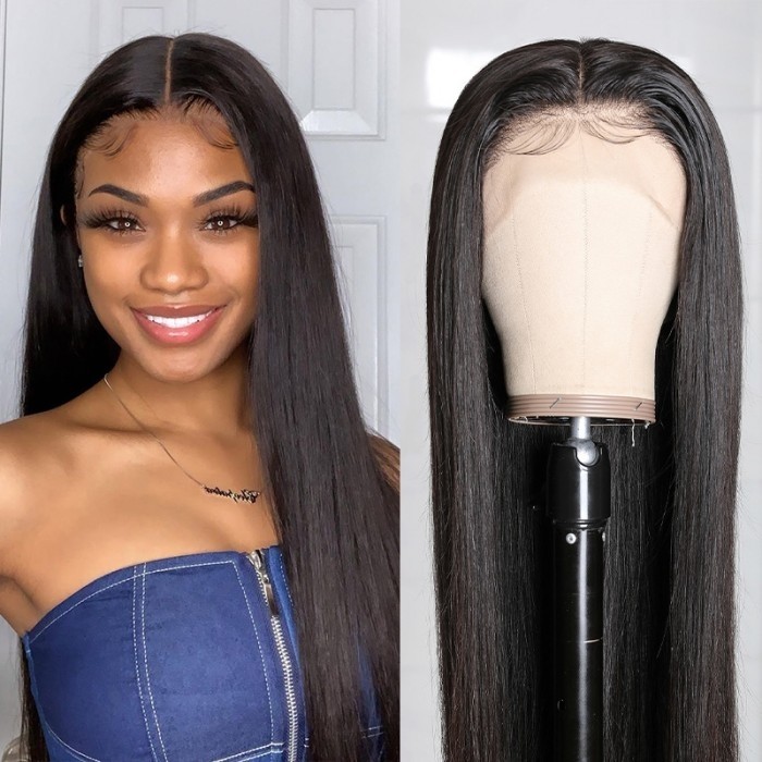 Kriyya Straight Three Part Human Hair Lace Wigs Double U Lace Part Wig 150% Density Natural Black