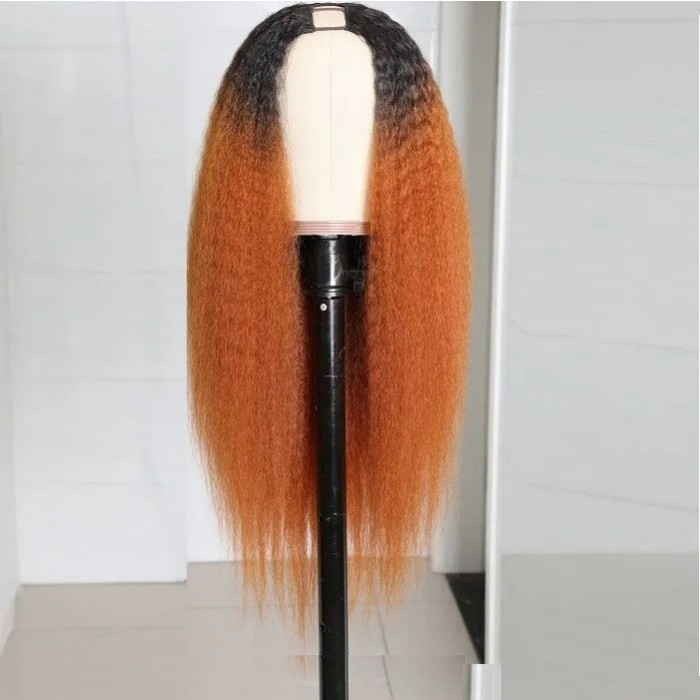 Kriyya U Part Wig Human Hair Kinky Straight T30 Ombre Brown Glueless Wigs U Shape Wigs
