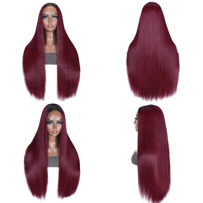 Kriyya Straight Human Hair Wig 1B99J Ombre Burgundy Upgrade U Part Wig Thinner U Part Wig