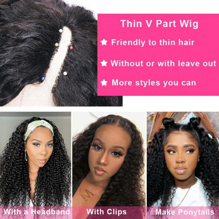 Glueless- V Part Curly No Leave Out No Gel Human Hair Wig 