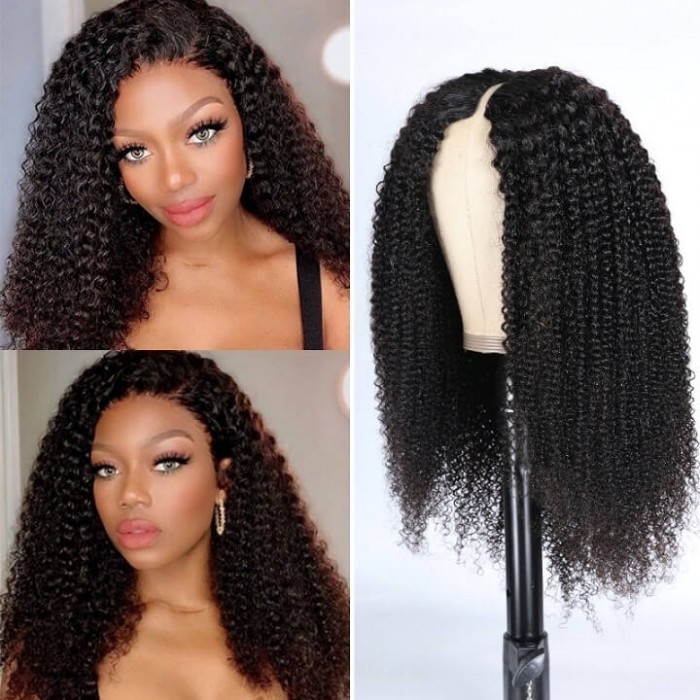 Kriyya New V Part Kinky Curly Wig No Leave Out Human Hair Wig Upgrade U Part Wig Natural Color