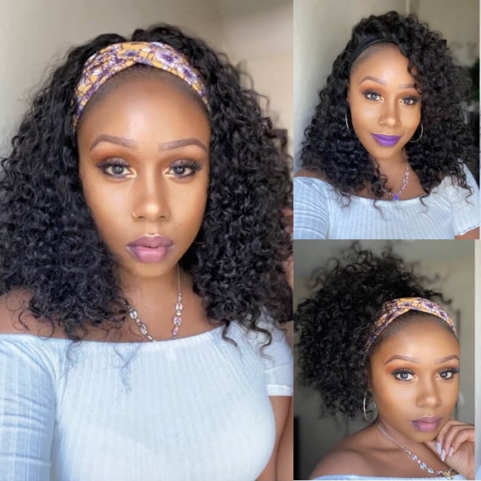 Kriyya Water Wave Headband Bob Wigs Human Hair Wigs 150% Density 10-14 Inch