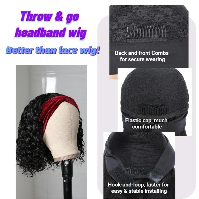 Kriyya Water Wave Headband Bob Wigs Human Hair Wigs 150% Density 10-14 Inch