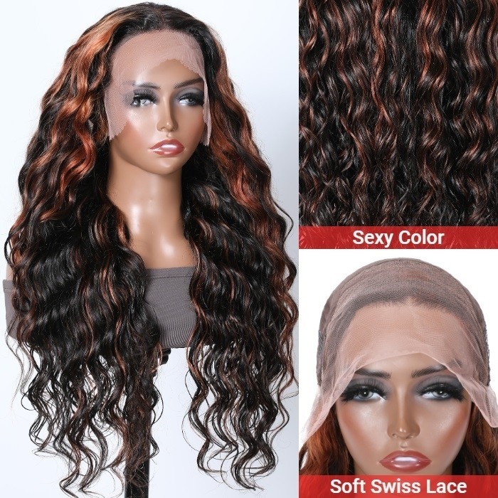 Kriyya Brown Copper Red Highlight 13X4 Lace Front Deep Body Wave Wigs 150% Density For Women