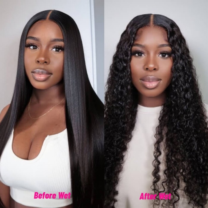 Kriyya Glueless Wet and Wavy Deep Wave V Part Wigs 2 in 1 Dry Straight Wet Curly Wig