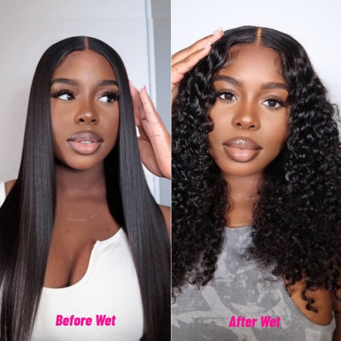 Kriyya Magic Wet and Wavy Jerry Curly V-Part Wigs Glueless Wig 2 in1 Dry Straight Wet Curly For Swimming