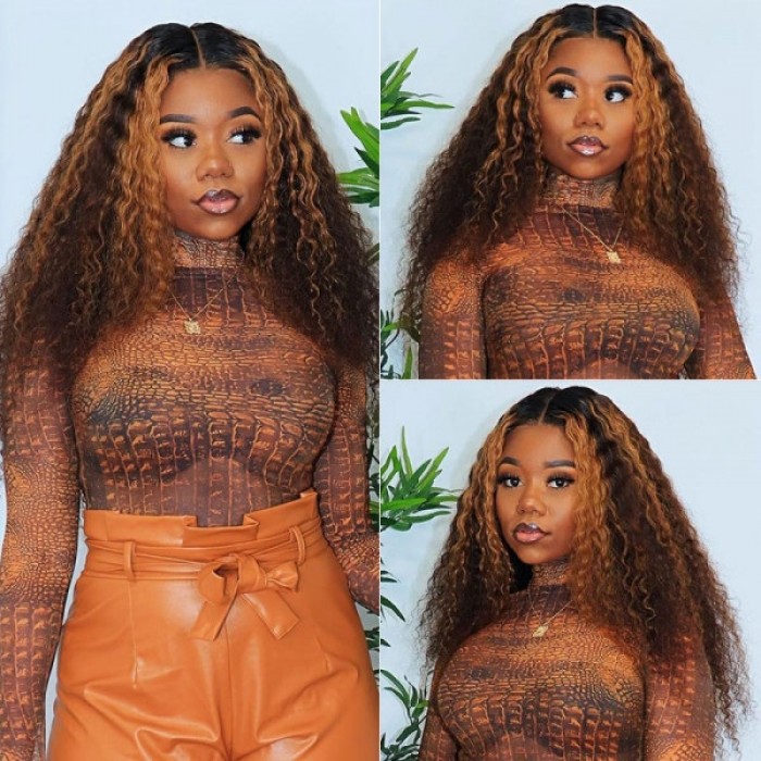 Kriyya Balayage Highlight 13x4 Lace Front Wigs Jerry Curly Human Hair Brown Highlight Colored Wigs 150% Density