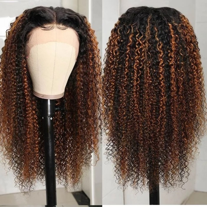 Kriyya Balayage Highlight 13x4 Lace Front Wigs Jerry Curly Human Hair Brown Highlight Colored Wigs 150% Density